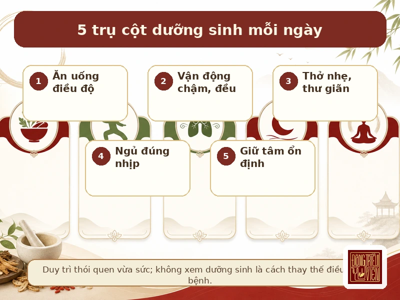 Infographic 5 trụ cột dưỡng sinh hằng ngày
