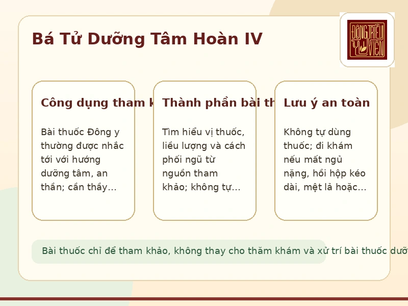 Infographic Bá Tử Dưỡng Tâm Hoàn IV: lưu ý tham khảo khi tìm hiểu phương tễ dưỡng tâm an thần