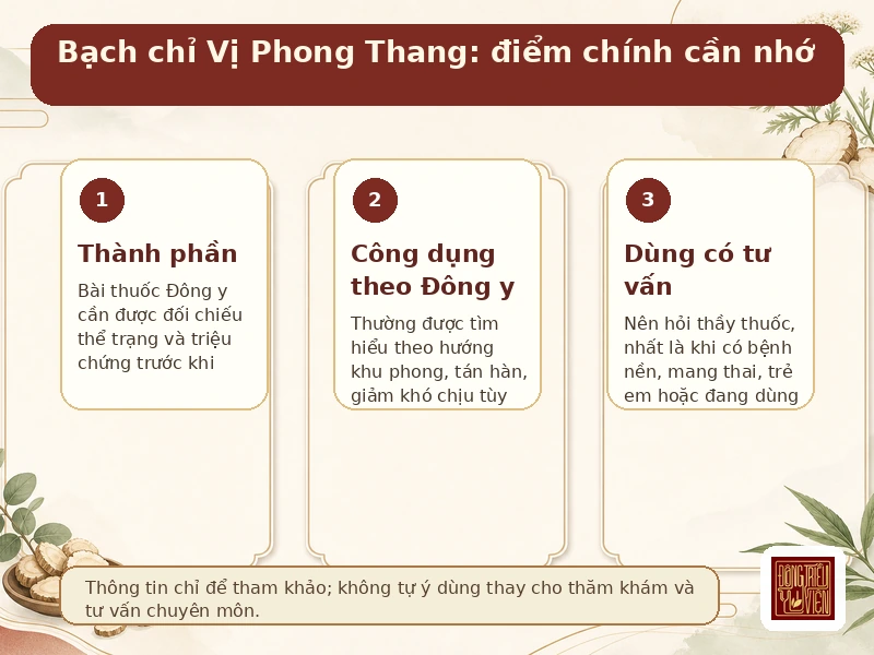 Infographic Bạch chỉ Vị Phong Thang: điểm chính về bài thuốc tham khảo và cách dùng