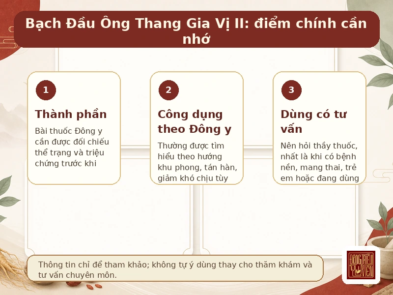 Infographic Bạch Đầu Ông Thang Gia Vị II: điểm chính về bài thuốc tham khảo và cách dùng