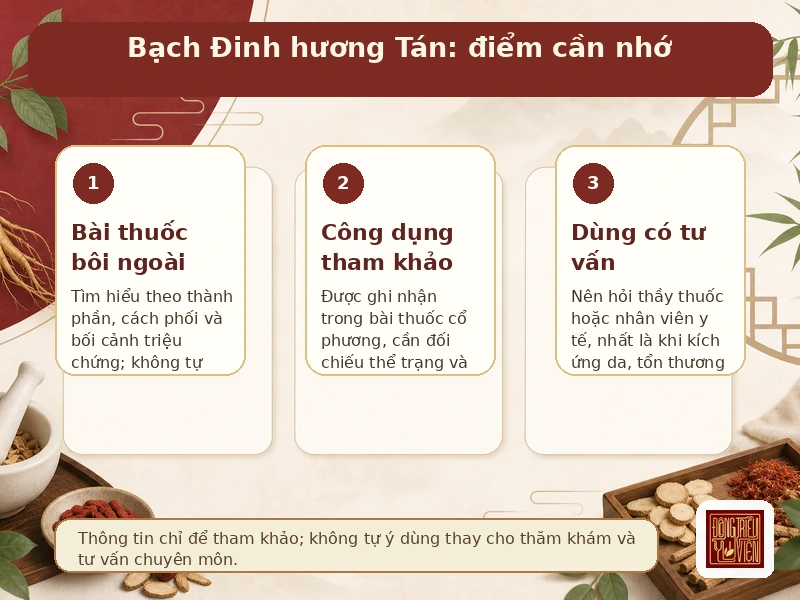 Infographic Bạch Đinh hương Tán: điểm chính về bài thuốc tham khảo và cách dùng
