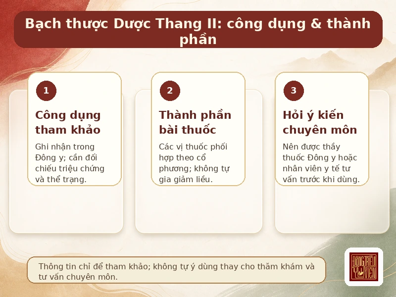 Infographic Bạch thược Dược Thang II: công dụng và thành phần tham khảo