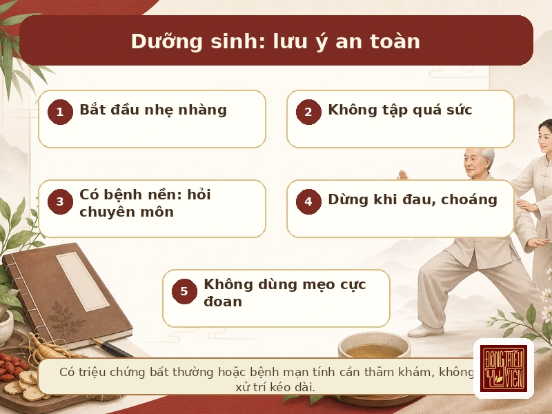 Infographic lưu ý an toàn khi áp dụng dưỡng sinh
