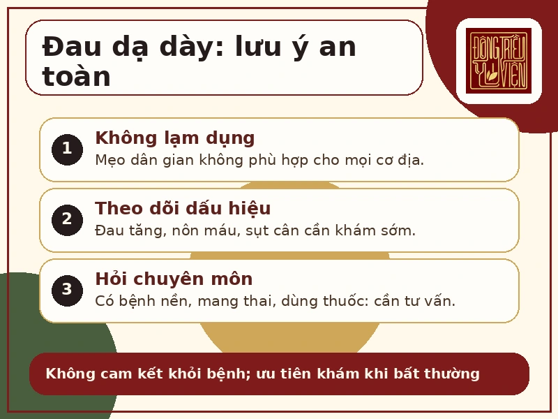 Infographic lưu ý an toàn khi tham khảo mẹo dân gian đau dạ dày