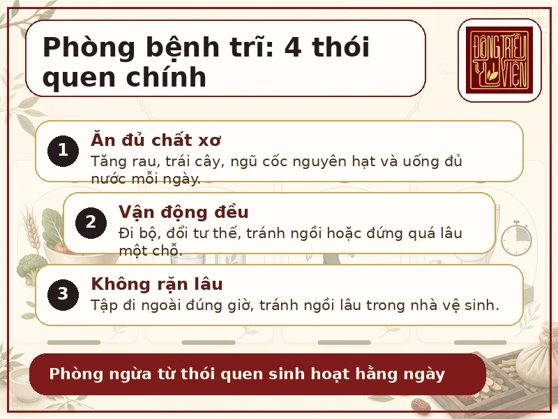 Infographic 4 thói quen phòng bệnh trĩ: ăn đủ chất xơ, uống đủ nước, vận động đều và tránh rặn/ngồi lâu