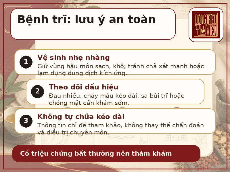 Infographic vệ sinh đúng và dấu hiệu cần khám khi nghi bệnh trĩ: đau nhiều, chảy máu kéo dài hoặc sa búi trĩ