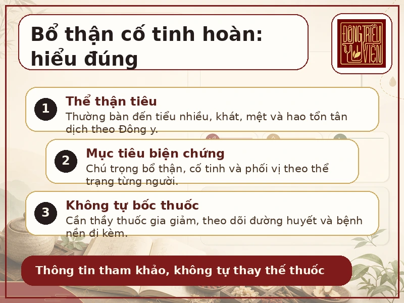 Infographic Bổ thận cố tinh hoàn: thể thận tiêu, biện chứng và lưu ý