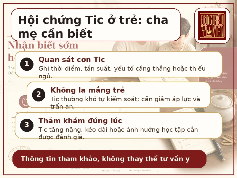 Infographic hội chứng Tic ở trẻ: quan sát, giảm áp lực và thăm khám đúng lúc