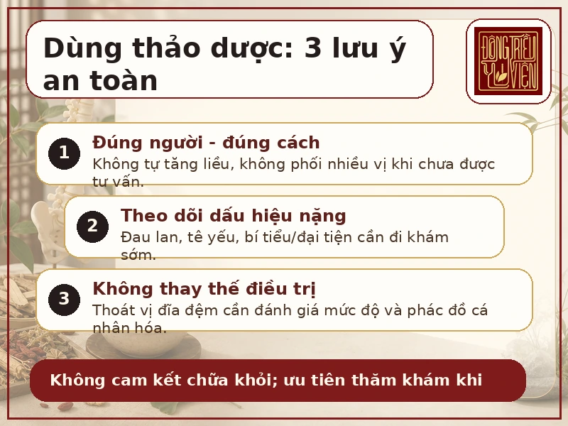 Infographic lưu ý an toàn khi dùng thảo dược hỗ trợ thoát vị đĩa đệm