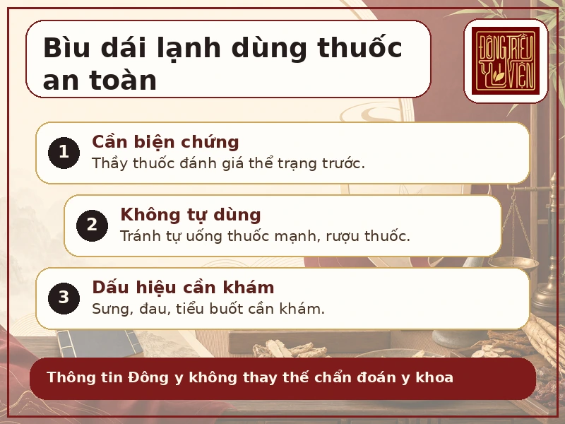Infographic đọc bài thuốc Âm lãnh / bìu dái lạnh an toàn: cần biện chứng và khám khi có dấu hiệu bất thường