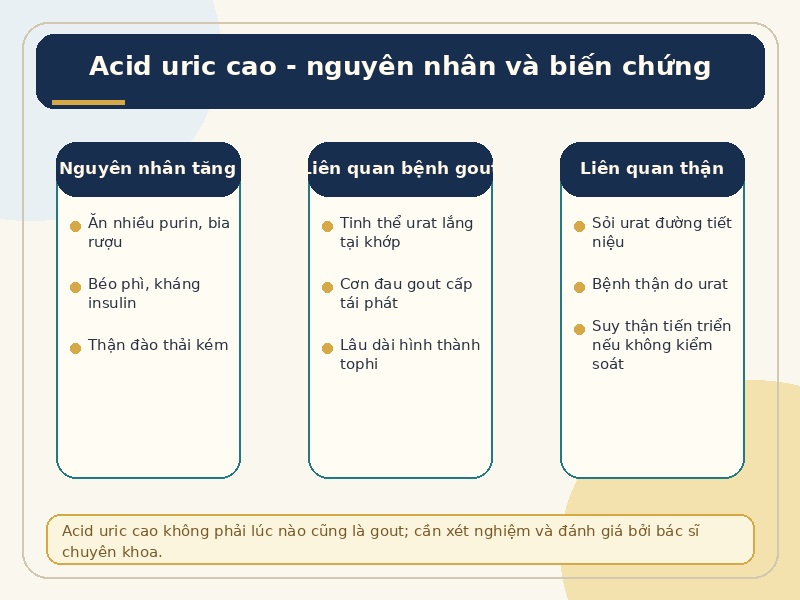 Infographic nguyên nhân acid uric tăng cao và liên quan tới gout, thận