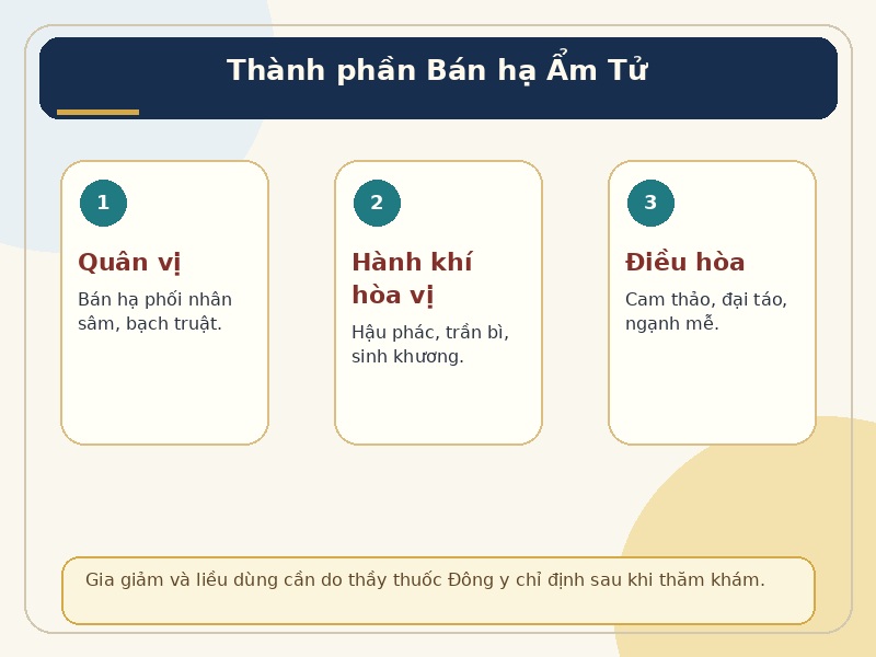 Infographic thành phần bài thuốc Bán hạ Ẩm Tử gồm bán hạ, nhân sâm, bạch truật, hậu phác, trần bì