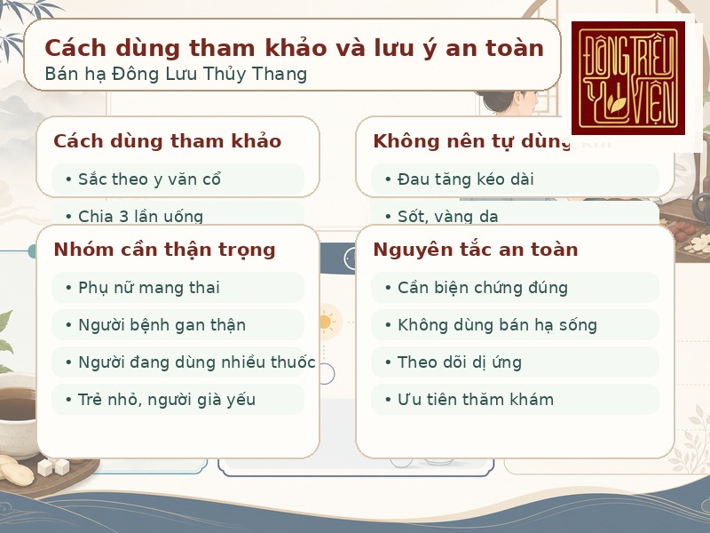 Infographic cách dùng tham khảo và lưu ý an toàn của Bán hạ Đông Lưu Thủy Thang