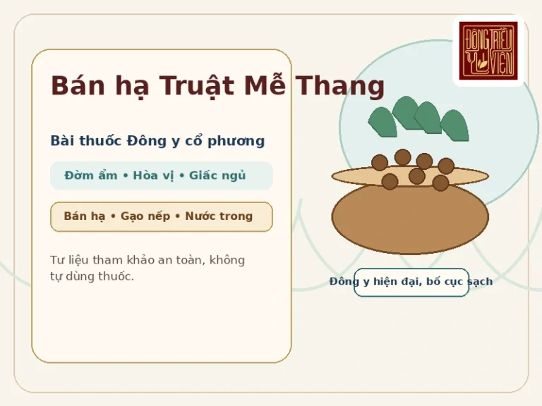 Ảnh đại diện Bán hạ Truật Mễ Thang với bát thang thuốc, gạo nếp và tông Đông y hiện đại.