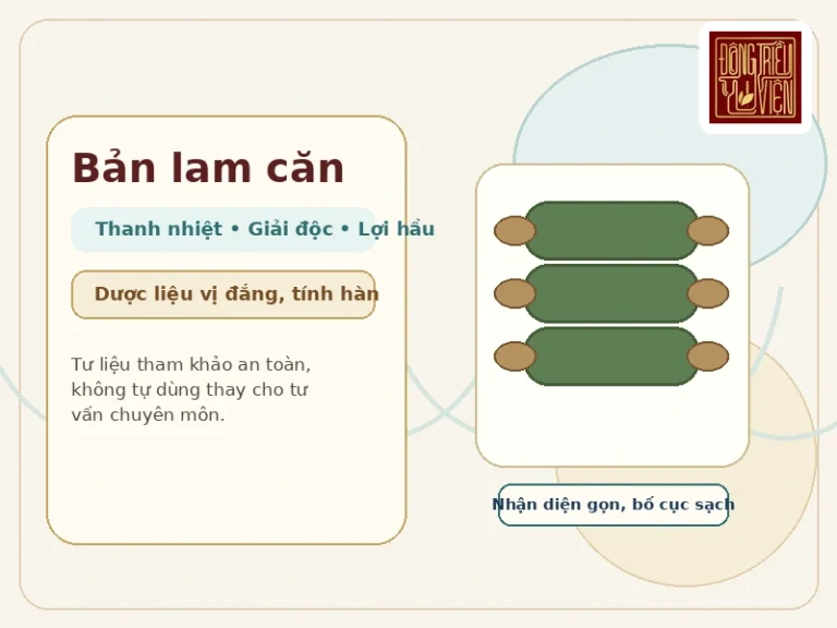 Ảnh đại diện Bản lam căn với dược liệu rễ khô, tông Đông y hiện đại và tiêu đề rõ ràng.
