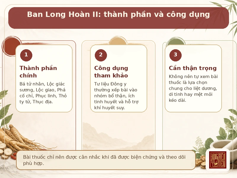 Infographic Ban Long Hoàn II: thành phần chính, công dụng tham khảo và nhóm cần thận trọng