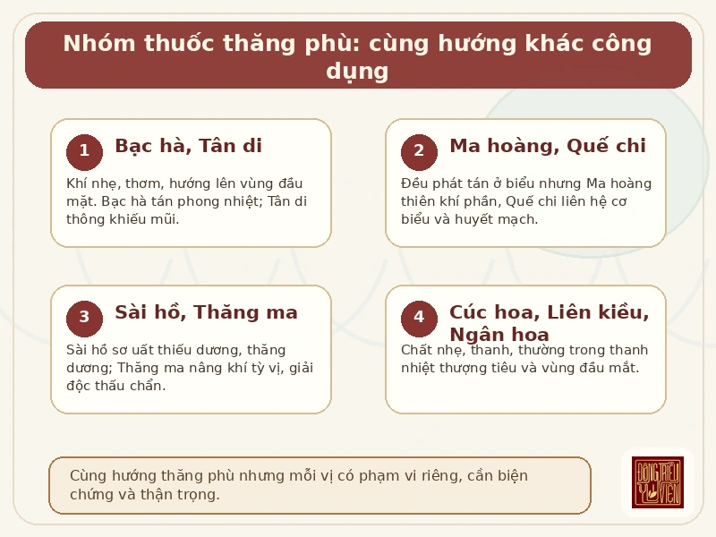 Infographic Bản thảo vấn đáp câu 21-25: nhóm thuốc thăng phù - Bạc hà, Tân di, Ma hoàng, Quế chi, Sài hồ, Thăng ma, Cúc hoa, Liên kiều, Ngân hoa