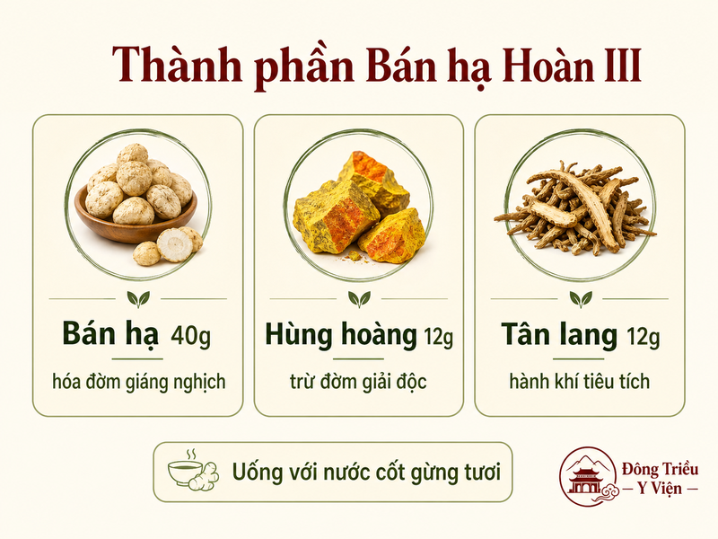 Infographic thành phần Bán hạ Hoàn III: Bán hạ 40g, Hùng hoàng 12g, Tân lang 12g