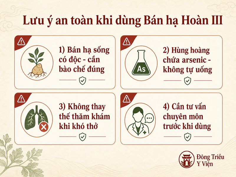 Infographic lưu ý an toàn khi dùng Bán hạ Hoàn III: Bán hạ sống có độc, Hùng hoàng chứa arsenic