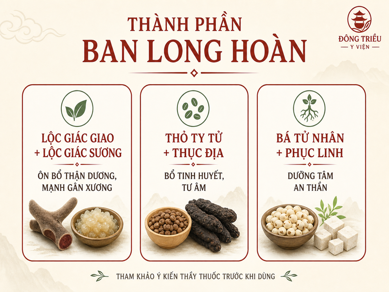 Thành phần Ban long hoàn - Lộc giác giao, Lộc giác sương, Thỏ ty tử, Thục địa, Bá tử nhân, Phục linh - Đông Triều Y Viện