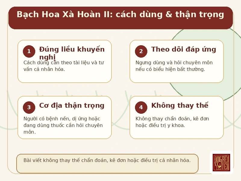 Infographic Bạch Hoa Xà Hoàn II: cách dùng và thận trọng an toàn