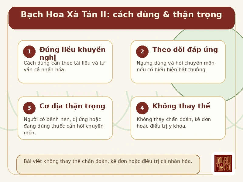 Infographic Bạch Hoa Xà Tán II: cách dùng và thận trọng an toàn
