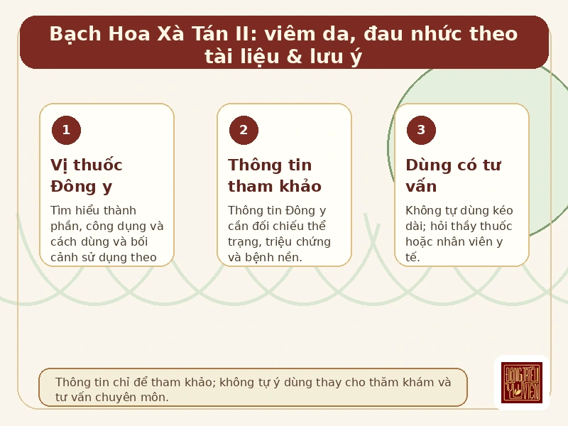Infographic Bạch Hoa Xà Tán II: thành phần, công dụng và lưu ý tham khảo