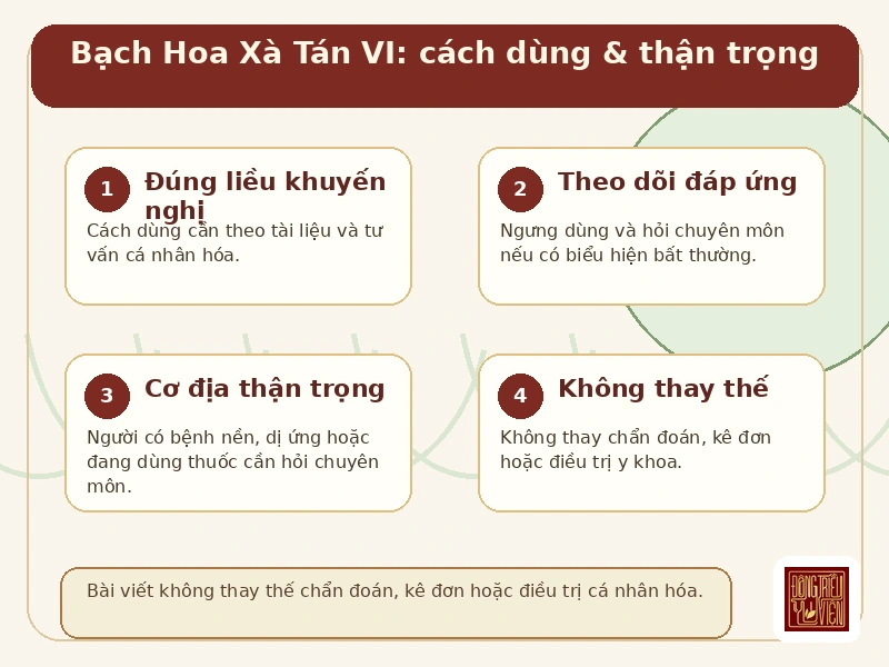 Infographic Bạch Hoa Xà Tán VI: cách dùng và thận trọng an toàn