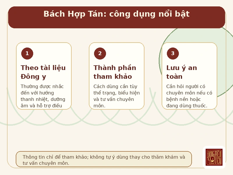 Infographic Bách Hợp Tán: hướng công dụng và lưu ý an toàn tham khảo