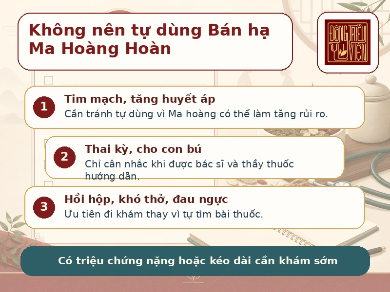 Infographic Bán hạ Ma Hoàng Hoàn: các trường hợp không nên tự dùng và dấu hiệu cần đi khám