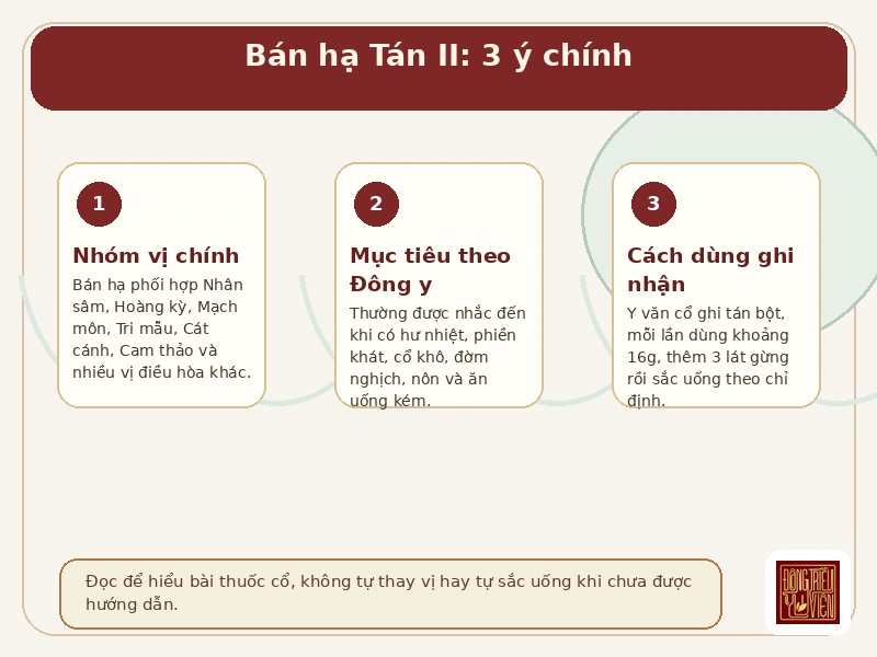 Infographic Bán hạ Tán II: nhóm vị chính, mục tiêu theo Đông y và cách dùng được ghi nhận
